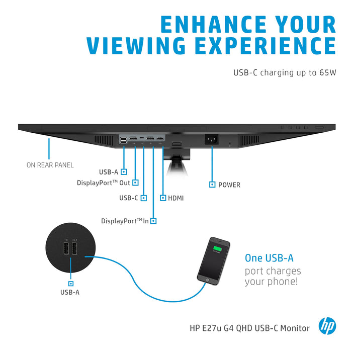 HP E27u G4 QHD USB-C Monitor, 68.6 cm (27"), 2560 x 1440 pixels, Quad HD, LED, 5 ms, Black, Silver