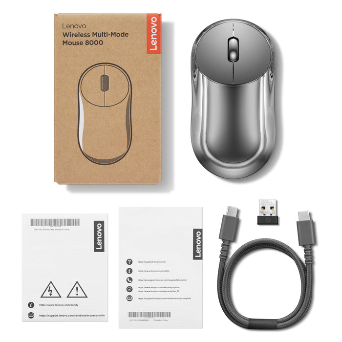 Lenovo 8000, Ambidextrous, Optical, Bluetooth + USB Type-A, 4000 DPI, Grey