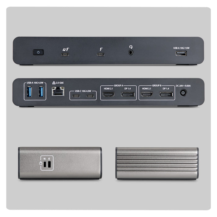 StarTech.com Thunderbolt 5 Universal Docking Station for Mac & Windows with Quad Monitors, 140W Power Delivery, 120Gbps Bandwidth Boost, 2.5Gb Ethernet, USB-C & USB-A Ports, Wired, Thunderbolt 5, 140 W, 3.5 mm, 10,100,1000,2500 Mbit/s, Black, Grey