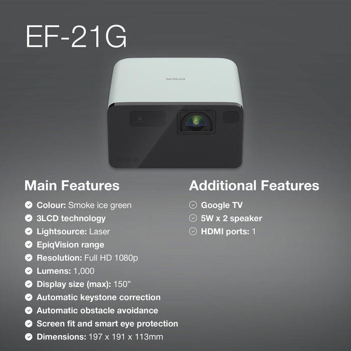 Epson EF-21G, 1000 ANSI lumens, 3LCD, 1080p (1920x1080), 5000000:1, 16:9, 762 - 3810 mm (30 - 150")