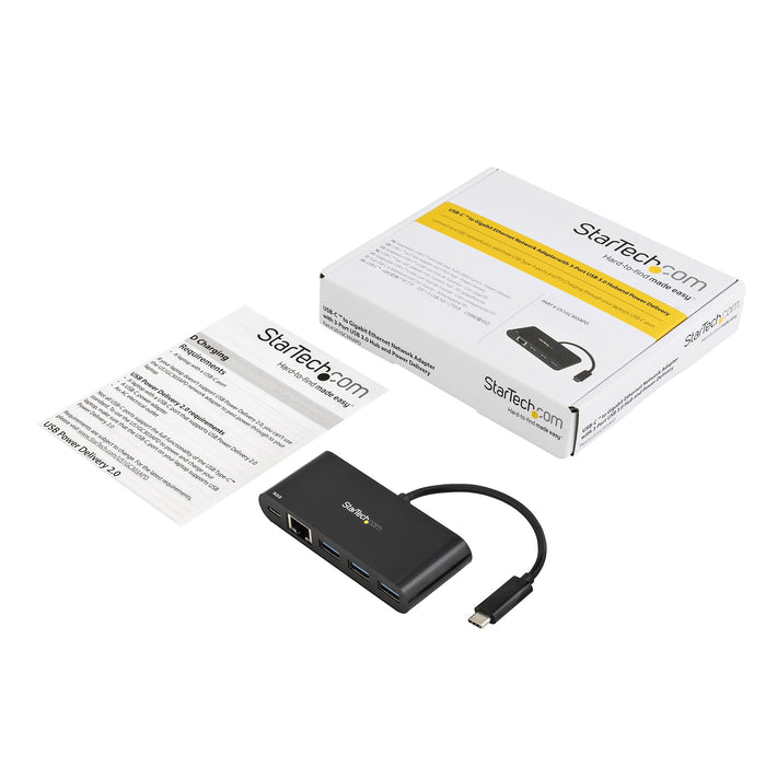 StarTech.com USB-C to Ethernet Adapter with 3-Port USB 3.0 Hub and Power Delivery, Wired, USB, Ethernet, 5000 Mbit/s, Black