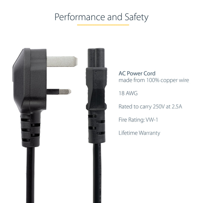 StarTech.com 3ft (1m) UK Laptop Power Cable, BS 1363 to C5 (Clover Leaf), 2.5A 250V, 18AWG, UK Laptop Replacement Cord, Printer Power Cable, Laptop Charger Cord, Laptop Power Brick Cord, 1 m, BS 1363, C5 coupler, 250 V, 2.5 A