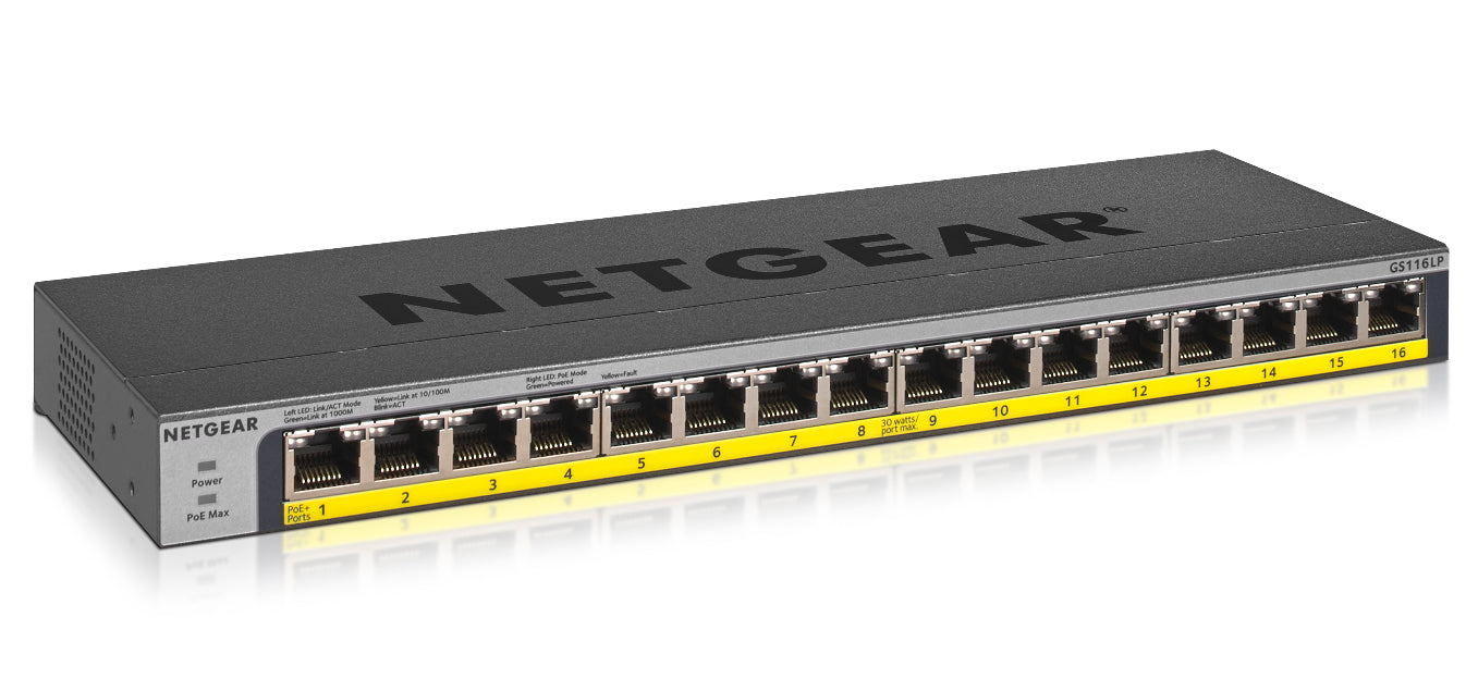 NETGEAR GS116LP, Unmanaged, Gigabit Ethernet (10/100/1000), Power over Ethernet (PoE), Rack mounting