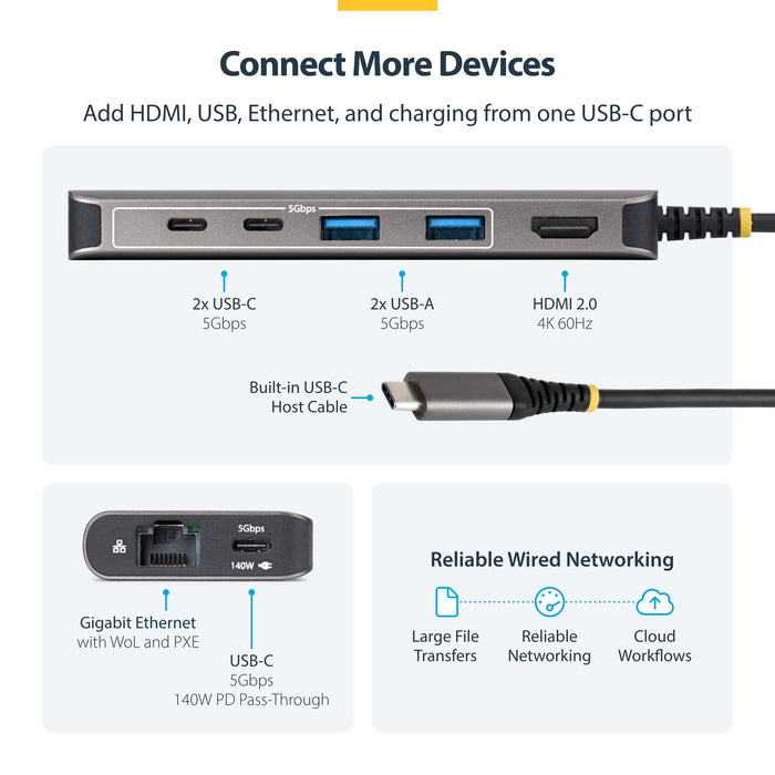 StarTech.com USB-C to HDMI Multiport Adapter with 140W PD Charging, 4K 60Hz, 5-Port USB 5Gbps Hub, GbE, Type-C Mini Dock for MacBook / Dell / Thinkpad / HP, Wired, USB 3.2 Gen 1 (3.1 Gen 1) Type-C, 140 W, 10,100,1000 Mbit/s, Grey, 5 Gbit/s