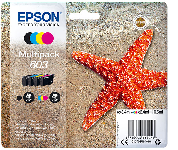 Epson Multipack 4-colours 603 Ink, Standard Yield, Black, Cyan, Magenta, Yellow, 3.4 ml, 2.4 ml, 1 pc(s), 150 pages