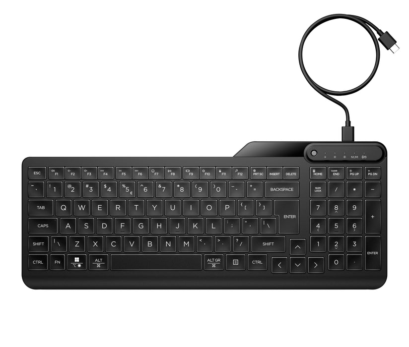 HP 405 Multi-Device Backlit Wired Keyboard, Full-size (100%), Wired, USB, Membrane, Black