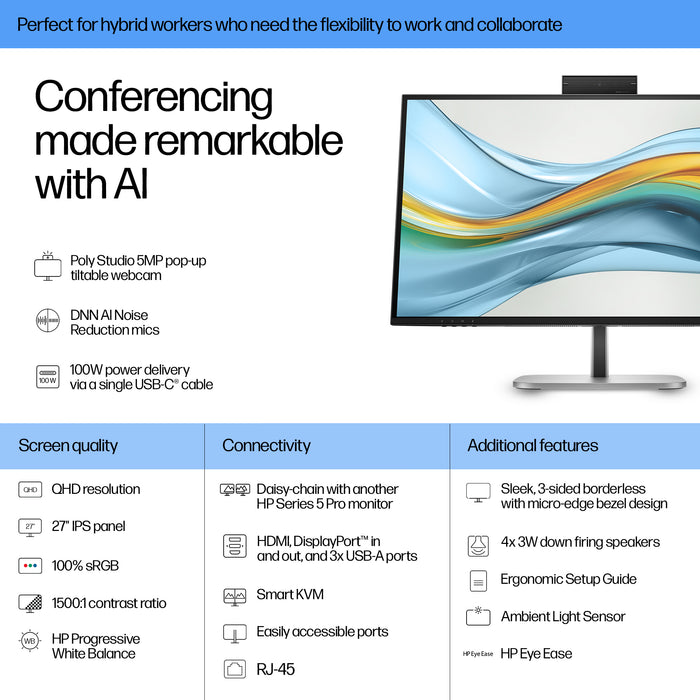 HP Series 5 Pro 27 inch QHD USB-C Conferencing Monitor - 527pm, 68.6 cm (27"), 2560 x 1440 pixels, Quad HD, LCD, 5 ms, Black
