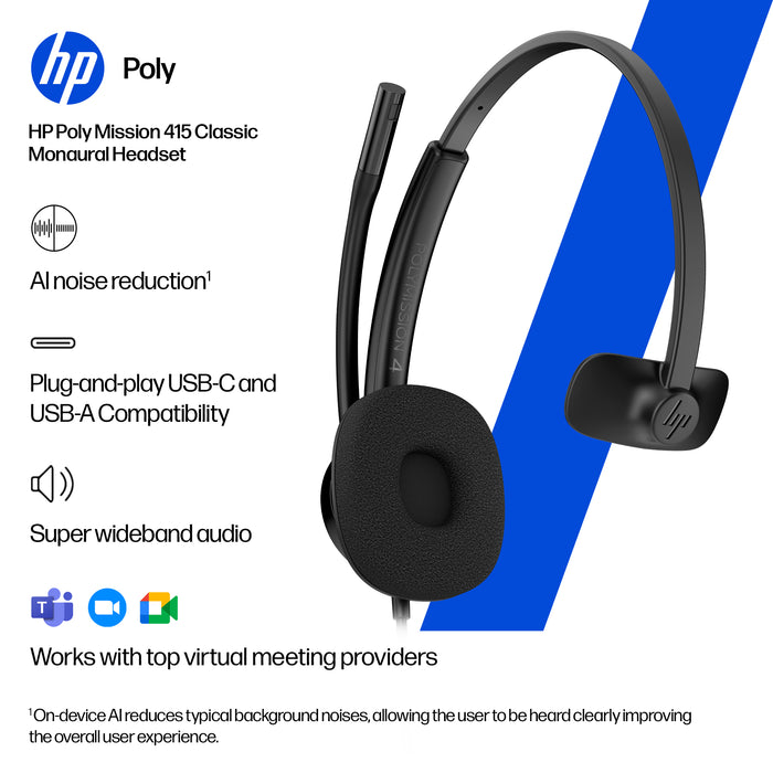 HP Poly Mission 415 Monaural USB Wired Headset Classic (Bulk), Wired, 97 g, Headset, Black