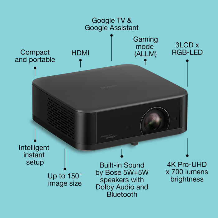 Epson Lifestudio Pop Plus — EF-62B Metallic Black, 700 ANSI lumens, 3LCD, 4K (4096x2400), 5000000:1, 16:9, 762 - 3810 mm (30 - 150")