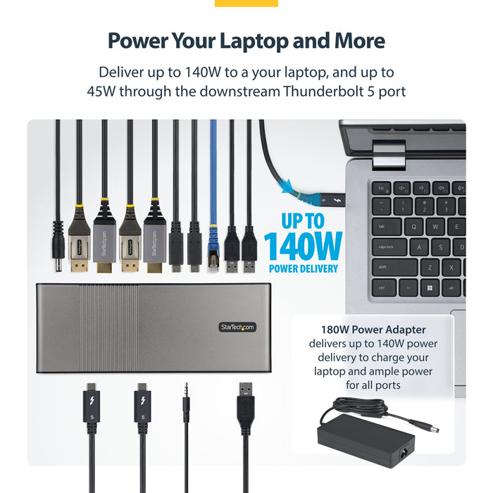 StarTech.com Thunderbolt 5 Universal Docking Station for Mac & Windows with Quad Monitors, 140W Power Delivery, 120Gbps Bandwidth Boost, 2.5Gb Ethernet, USB-C & USB-A Ports, Wired, Thunderbolt 5, 140 W, 3.5 mm, 10,100,1000,2500 Mbit/s, Black, Grey