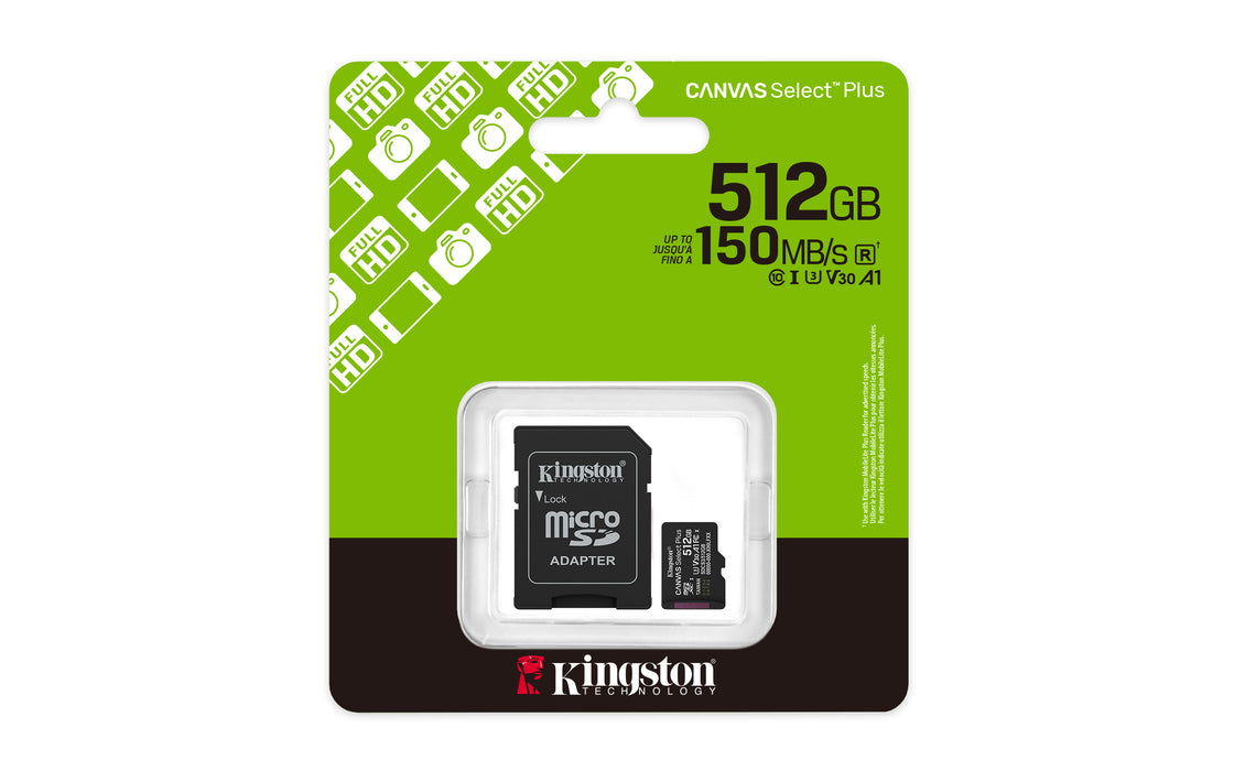 Kingston Technology 512GB microSDXC Canvas Select Plus Gen3 150MB/s A1 Card + Adapter, 512 GB, MicroSDXC, Class 10, UHS-I, 150 MB/s, Class 3 (U3)