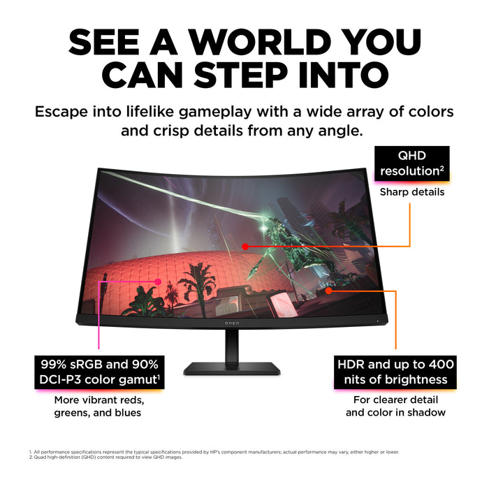 OMEN by HP OMEN by 31.5 inch QHD 165Hz Curved Gaming Monitor - OMEN 32c, 80 cm (31.5"), 2560 x 1440 pixels, Quad HD, LCD, 1 ms, Black