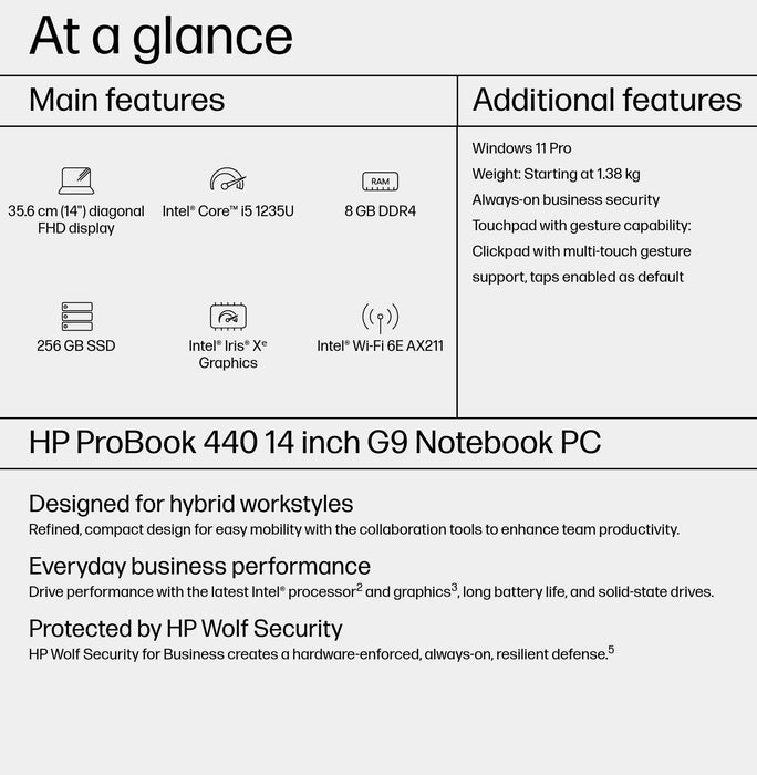 HP ProBook 440 G9, Intel® Core™ i5, 1.3 GHz, 35.6 cm (14"), 1920 x 1080 pixels, 8 GB, 256 GB