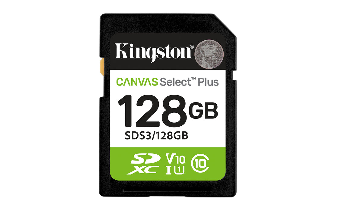 Kingston Technology 128GB SDXC Canvas Select Plus Gen3 150MB/s C10 UHS-I U1 V10, 128 GB, SD, Class 10, UHS-I, 150 MB/s, Class 1 (U1)
