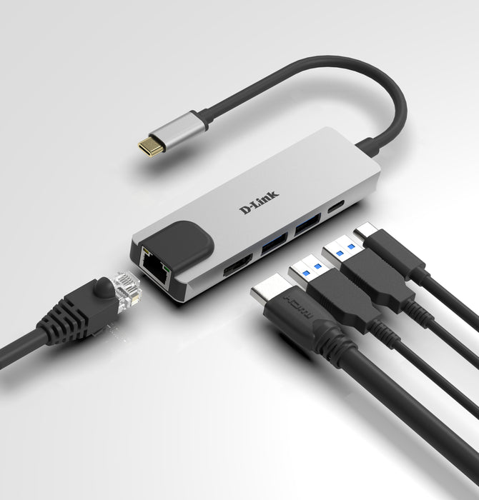 D-Link 5-in-1 USB-C Hub with HDMI/Ethernet and Power Delivery, Wired, Thunderbolt 3, 60 W, 10,100,1000 Mbit/s, IEEE 802.3, IEEE 802.3ab, IEEE 802.3az, IEEE 802.3u, IEEE 802.3x, Aluminium