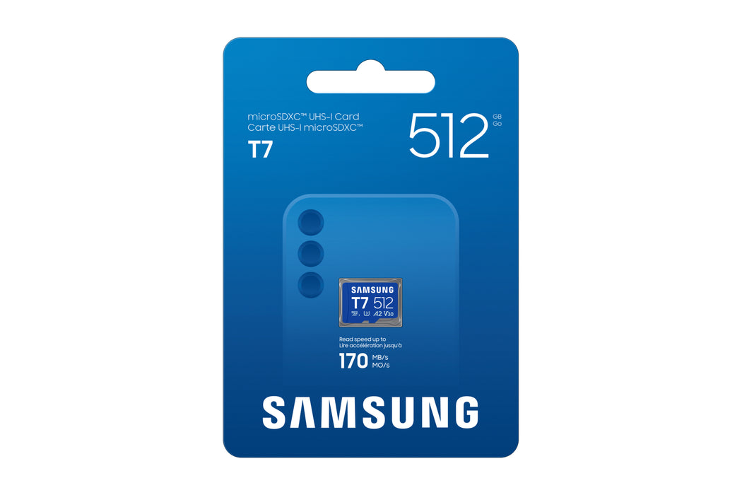 Samsung T7 microSD card, 512 GB, MicroSDHC, Class 10, UHS-I, 170 MB/s, Class 3 (U3)