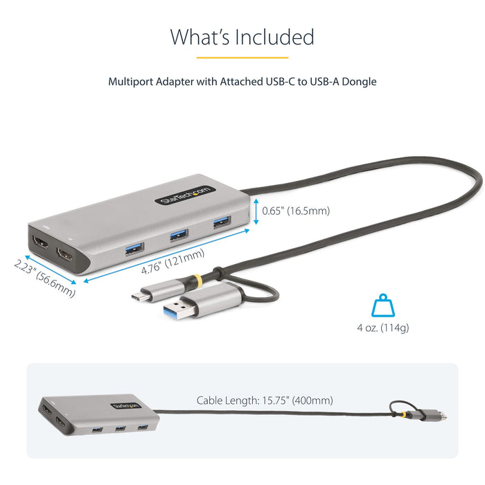 StarTech USB-C to Dual-HDMI Adapter, USB-C/A to 2x HDMI (1x 4K30, 1x 1080p), 3X USB-A 5Gbps Hub, USB to HDMI Converter