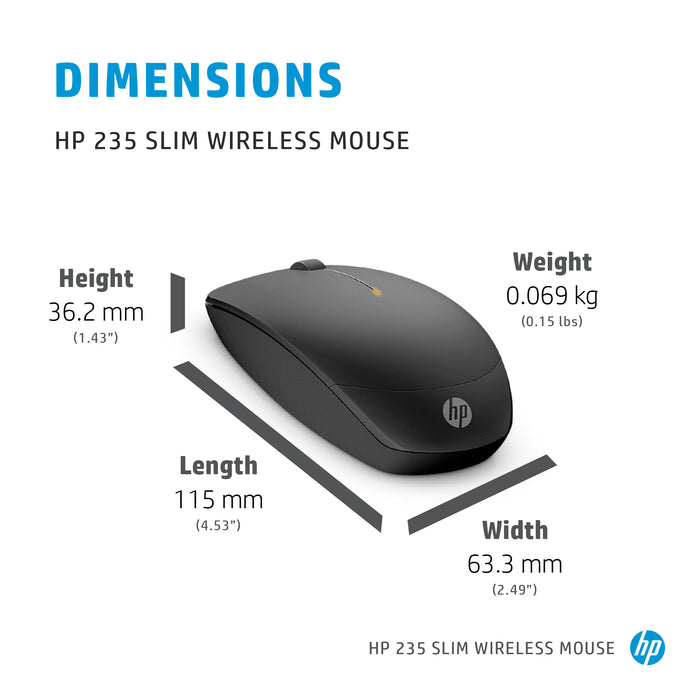 HP 235 Slim Wireless Mouse, Ambidextrous, Optical, RF Wireless, 1600 DPI, Black