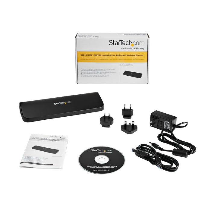 StarTech Dual Monitor USB 3.0 Laptop Docking Station with HDMI/DVI/VGA, 3x USB-A Hub, GbE, Audio, Universal Type-A Dock for Windows/macOS/ChromeOS - TAA Compliant (USB3SDOCKHDV)