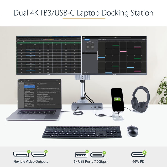 StarTech.com USB C Docking Station for Macbook Pro/Air-M1/M2/M3/M4, Thunderbolt Compatible, HDMI/DisplayPort, Dual 4K 60Hz/Single 8K, USB Type-C Laptop Dock, 96W Power Delivery, USB 10Gbps, Wired, Thunderbolt 3, 96 W, 3.5 mm, Black, Grey, 40 Gbit/s