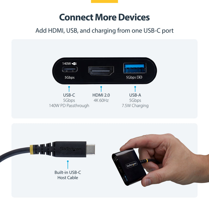 StarTech.com USB-C to HDMI Multiport Adapter with 140W PD Charging, 4K 60Hz HDMI, USB 5Gbps Hub, Mini Dock For MacBook / Dell / Thinkpad / HP / iPad / Tablets, Wired, USB 3.2 Gen 1 (3.1 Gen 1) Type-C, 140 W, Black, 5 Gbit/s, 4K Ultra HD