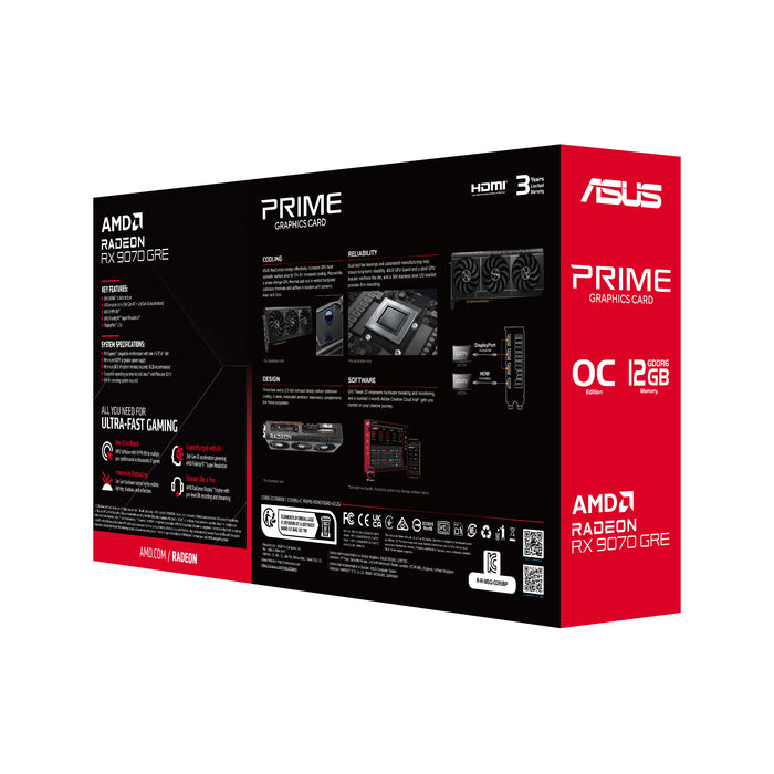 ASUS Prime -RX9070GRE-O12G, Radeon RX 9070 GRE, 12 GB, GDDR6, 192 bit, 7680 x 4320 pixels, PCI Express 5.0