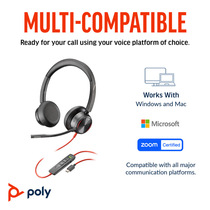 HP Poly Blackwire 8225 Stereo Microsoft Teams Certified USB-C Headset +USB-C/A Adapter, Wired, Office/Call center, 186 g, Headset, Black