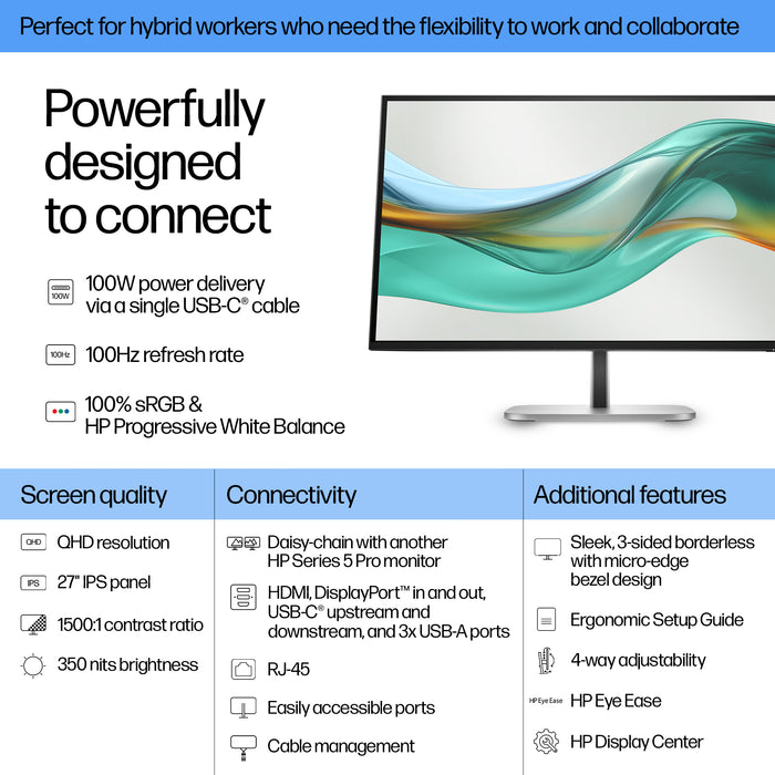 HP Series 5 Pro 27 inch QHD USB-C Monitor - 527pu, 68.6 cm (27"), Quad HD, LCD, 5 ms, Black