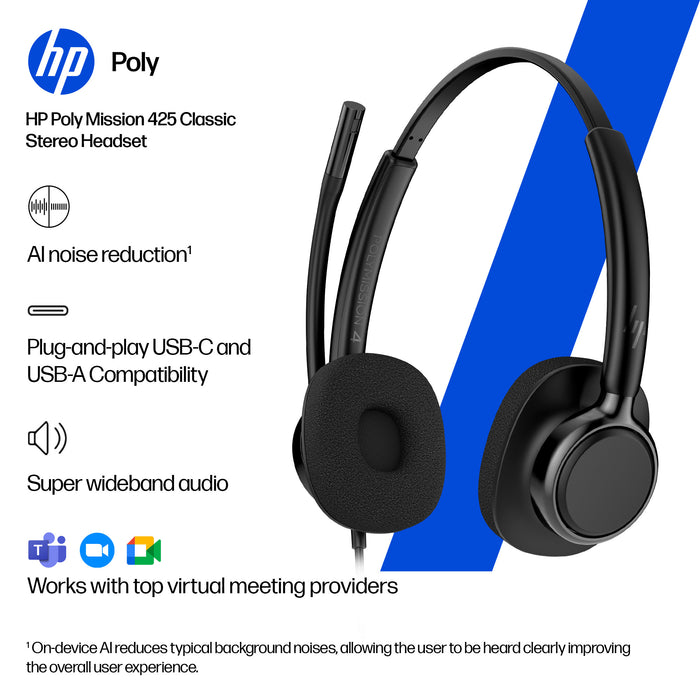 HP Poly Mission 415 Monaural USB Wired Headset, Wired, 99 g, Headset, Black