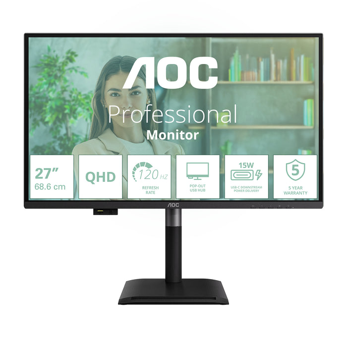 AOC Q27P4U, 68.6 cm (27"), 2560 x 1440 pixels, Wide Quad HD, 4 ms, Black