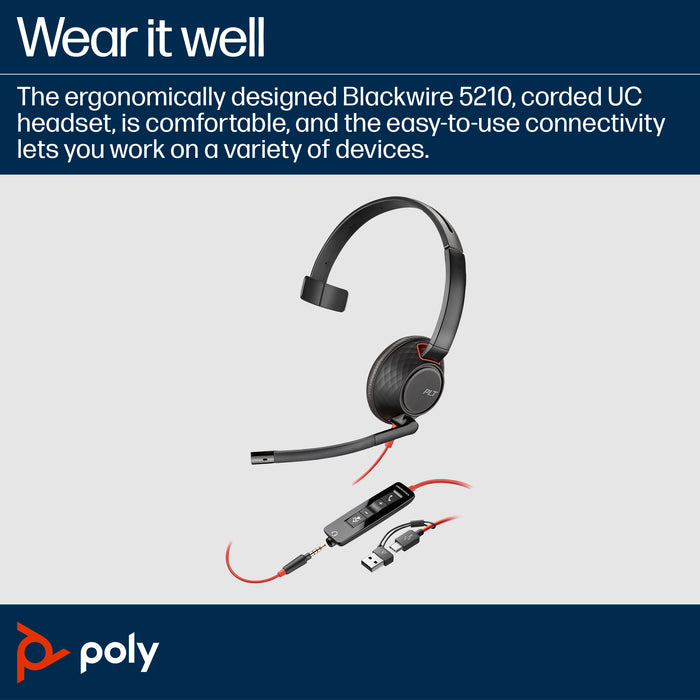 HP Poly Blackwire 5210 Monaural USB-C Headset +3.5mm Plug +USB-C/A Adapter, Wired, Office/Call center, 125.4 g, Headset, Black