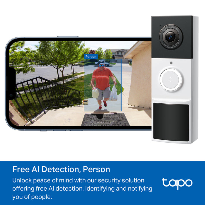TP-Link Tapo Video Doorbell Camera, Black, White, IP65, 150°, IR, Wall, Tapo Care Cloud Storage Services