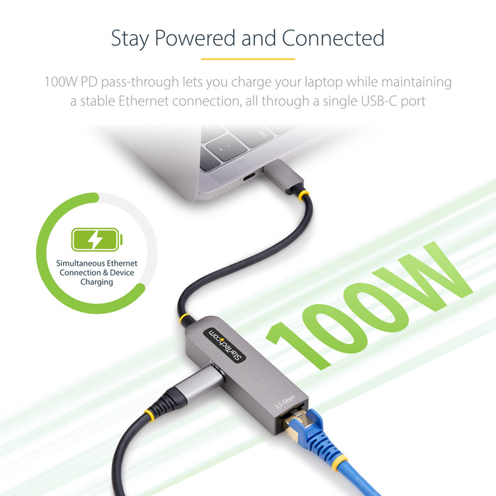 StarTech.com 2.5GbE USB-C to Ethernet Adapter, 100W PD Pass-Through, NBASE-T NIC, USB 3.0 Type-C 2.5/1G Multi Speed Network, Thunderbolt Compatible, Windows & Mac, Wired, USB Type-C, Ethernet, 5000 Mbit/s, Grey