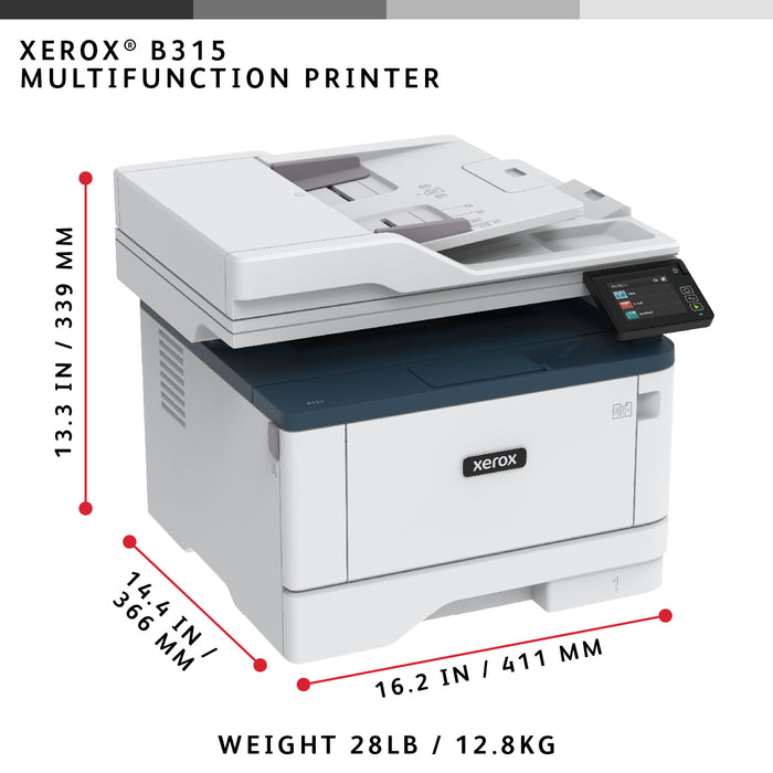 Xerox B315 A4 40ppm Wireless Duplex Copy/Print/Scan/Fax PS3 PCL5e/6 2 Trays 350 Sheets UK, Laser, Mono printing, 2400 x 2400 DPI, A4, Direct printing, Blue, White