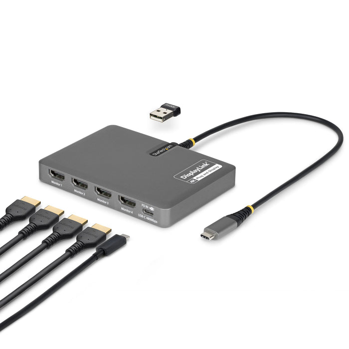 StarTech USB-C to Quad HDMI 4K60 Workstation Dock, 140W PD Passthrough, USB for Keyboard and Mouse, Windows, Mac M1-M5, USB4, Thunderbolt Laptops, DisplayLink DL7400, TAA
