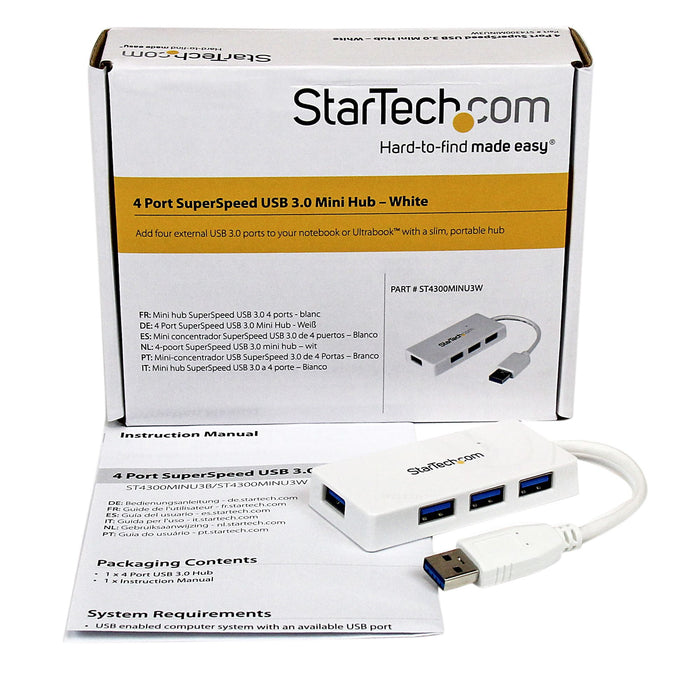 StarTech.com Portable 4 Port SuperSpeed Mini USB 3.0 Hub - White~Portable 4 Port SuperSpeed Mini USB 3.0 Hub - 5Gbps - White, USB 3.2 Gen 1 (3.1 Gen 1) Type-A, USB 3.2 Gen 1 (3.1 Gen 1) Type-A, 5000 Mbit/s, White, Plastic, Power