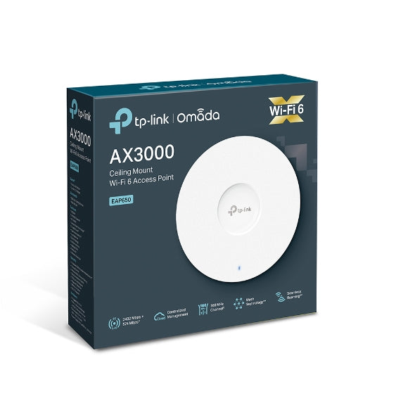 TP-Link Omada AX3000 Ceiling Mount WiFi 6 Access Point, 2.4 GHz, 5 GHz, 2976 Mbit/s, SNMP, SNMPv2, SNMPv3, SSH, WPA-Enterprise, WPA-PSK, WPA2-Enterprise, WPA2-PSK, WPA3-Enterprise,..., 10,100,1000 Mbit/s