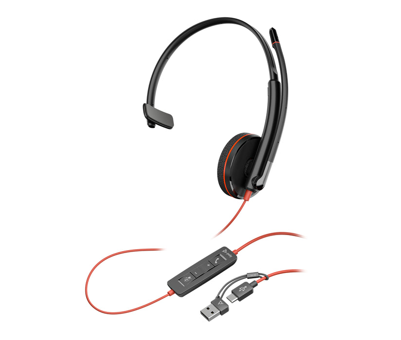 HP Poly Blackwire 3210 Monaural USB-C Headset +USB-C/A Adapter (Bulk), Wired, Office/Call center, 20 - 20000 Hz, 64 g, Headset, Black