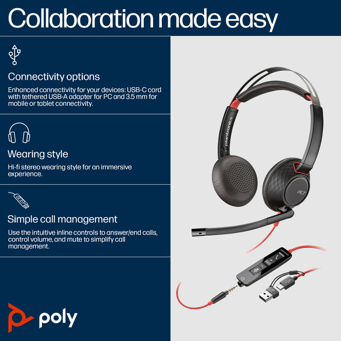 HP Poly Blackwire 5220 Stereo USB-C Headset +3.5mm Plug +USB-C/A Adapter, Wired, Business/Everyday, 165.2 g, Headset, Black