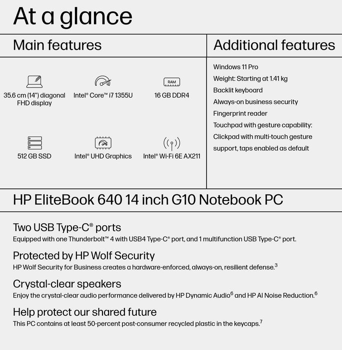 HP EliteBook 640 14 G10, Intel® Core™ i7, 1.7 GHz, 35.6 cm (14"), 1920 x 1080 pixels, 16 GB, 512 GB