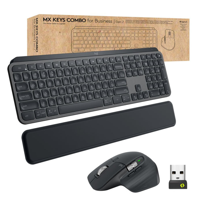 Logitech MX Keys combo for Business Gen 2, RF Wireless + Bluetooth, Scissor key switch, QWERTY, LED, Graphite, Mouse included
