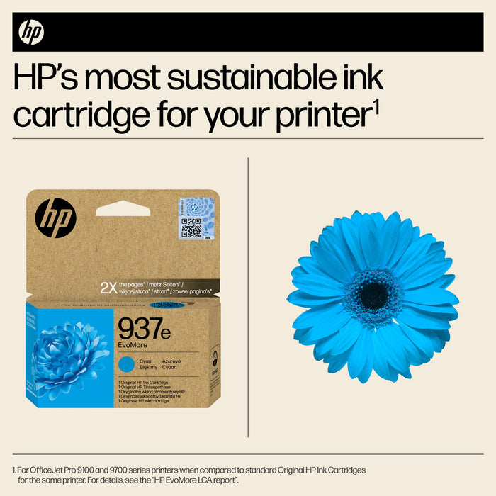 HP 937e EvoMore Cyan Original Ink Cartridge, High (XL) Yield, Cyan, 1 pc(s), 1650 pages, Single pack