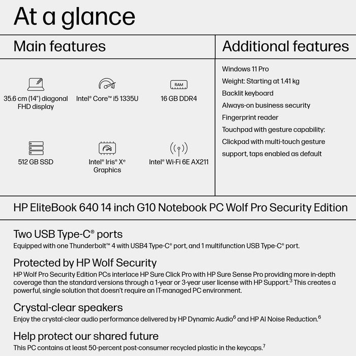 HP EliteBook 640 14 G10, Intel® Core™ i5, 1.3 GHz, 35.6 cm (14"), 1920 x 1080 pixels, 16 GB, 512 GB