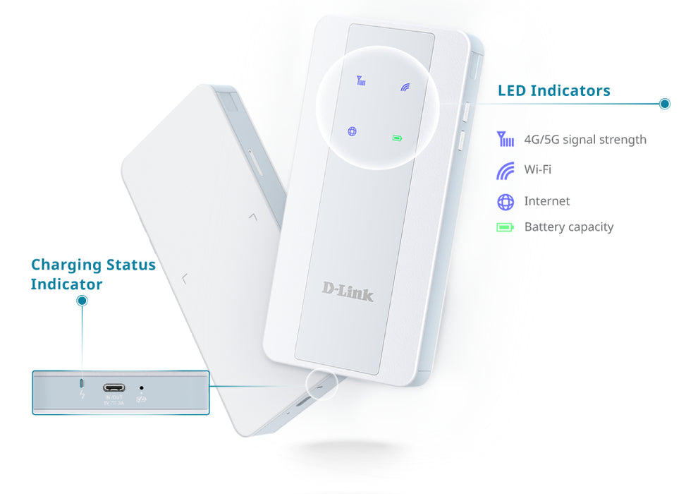 D-Link 5G NR AX1800 Wi-Fi 6 Mobile Hotspot, Cellular network modem, White, Portable, Battery level, Network, Signal strength, WLAN, IEEE 802.11a, IEEE 802.11ac, IEEE 802.11ax, IEEE 802.11b, IEEE 802.11g, IEEE 802.11n, Wi-Fi 6 (802.11ax)