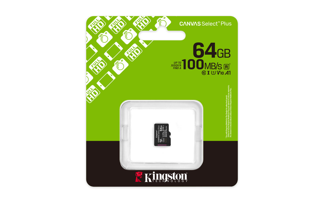 Kingston Technology 64GB micSDXC Canvas Select Plus Gen3 100R A1 Single Pack w/o ADP, 64 GB, MicroSDXC, Class 10, UHS-I, 100 MB/s, Class 1 (U1)