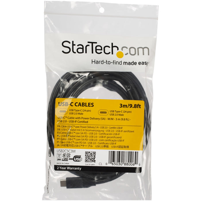 StarTech.com 10ft (3m) USB-C Fast Charging Cable, Charge & Sync, 100W (5A) PD, USB 2.0, USB-IF Certified - USB C Charging Cord, 3 m, USB C, USB C, USB 2.0, 0.48 Gbit/s, Black