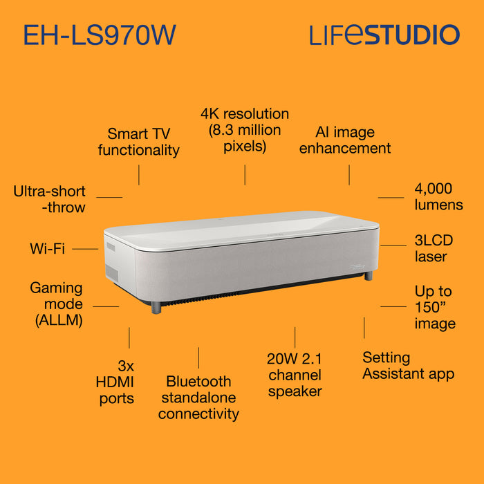 Epson Lifestudio Grand Plus EH-LS970W - Diamond White, 4000 ANSI lumens, 3LCD, UHD 4K (3840x2160), 2000:1, 16:9, 2032 - 3810 mm (80 - 150")