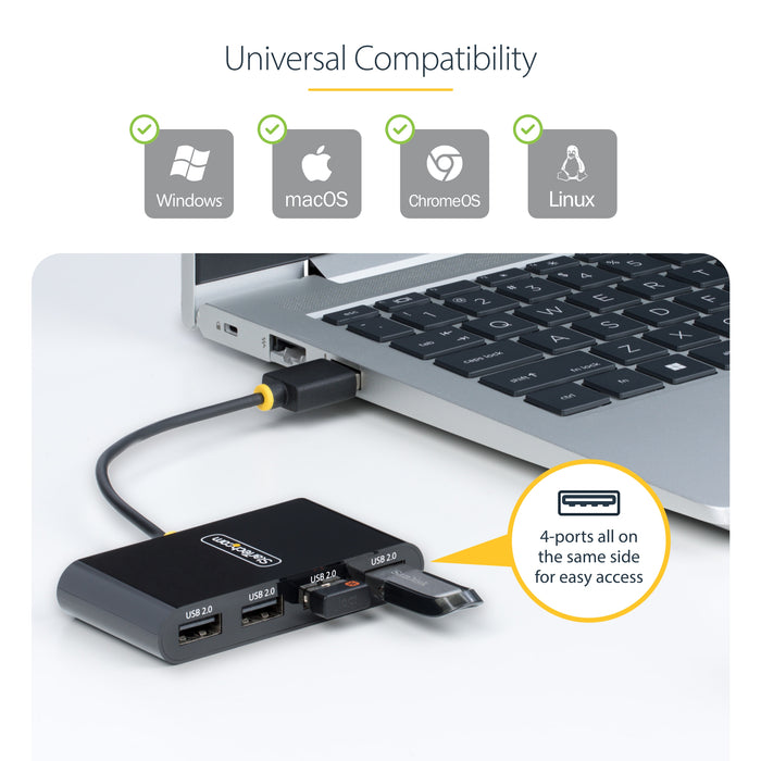 StarTech 4-Port USB 2.0 Hub, USB Bus Powered, Small Travel Mini USB Hub, Multi-Port USB 2.0 Splitter, Portable USB Hub