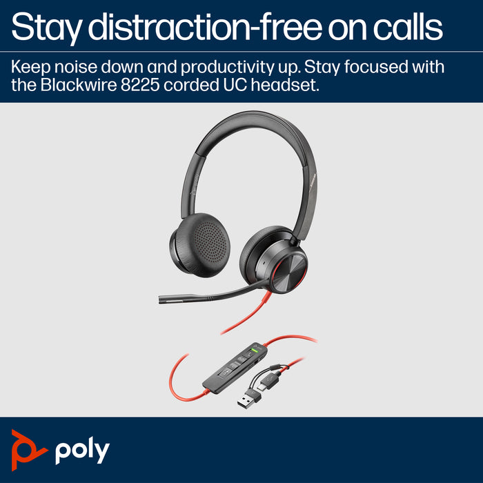 HP Poly Blackwire 8225 Stereo USB-C Headset +USB-C/A Adapter, Wired, Office/Call center, 187 g, Headset, Black
