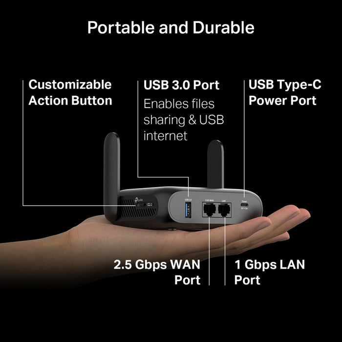 TP-Link BE3600 Wi-Fi 7, Wi-Fi 7 (802.11be), Dual-band (2.4 GHz / 5 GHz), Ethernet LAN, Black, Portable router